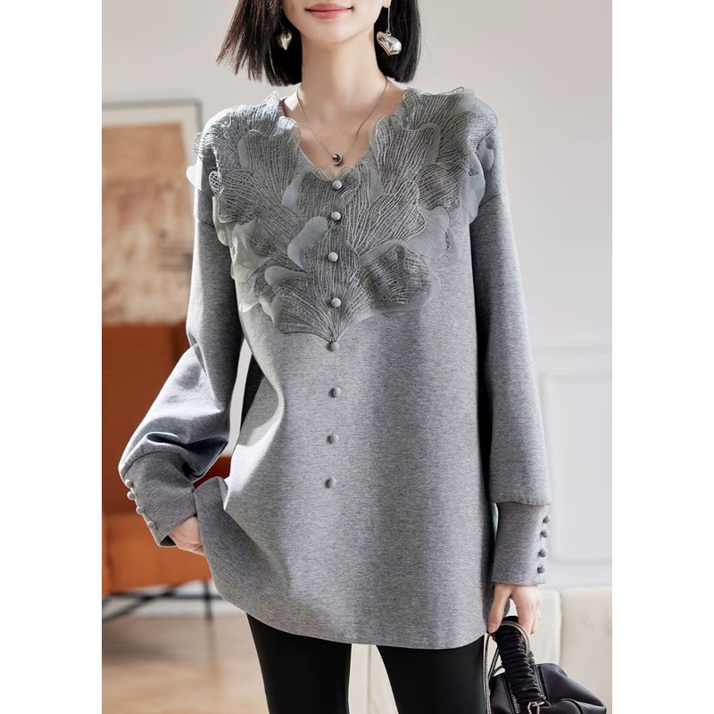 Vogue Grey V Neck Lace Patchwork Sweatshirts Spring
