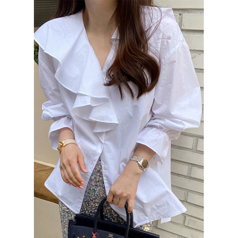 White Cotton Blouse Tops Asymmetrical Ruffles Fall