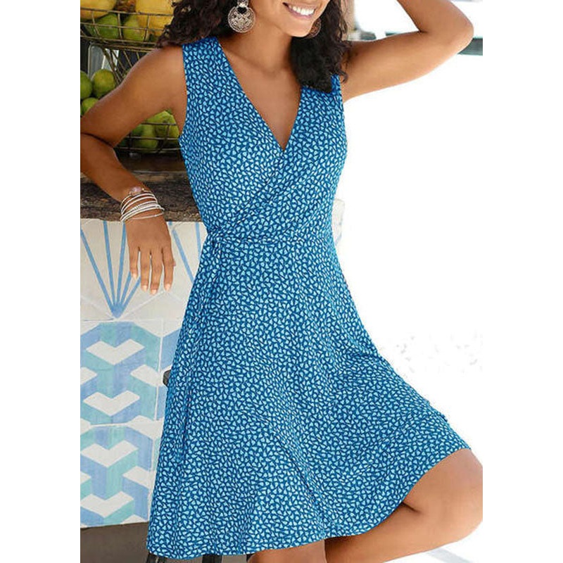 Women Blue V Neck Print Wrinkled Mid Dresses Sleeveless