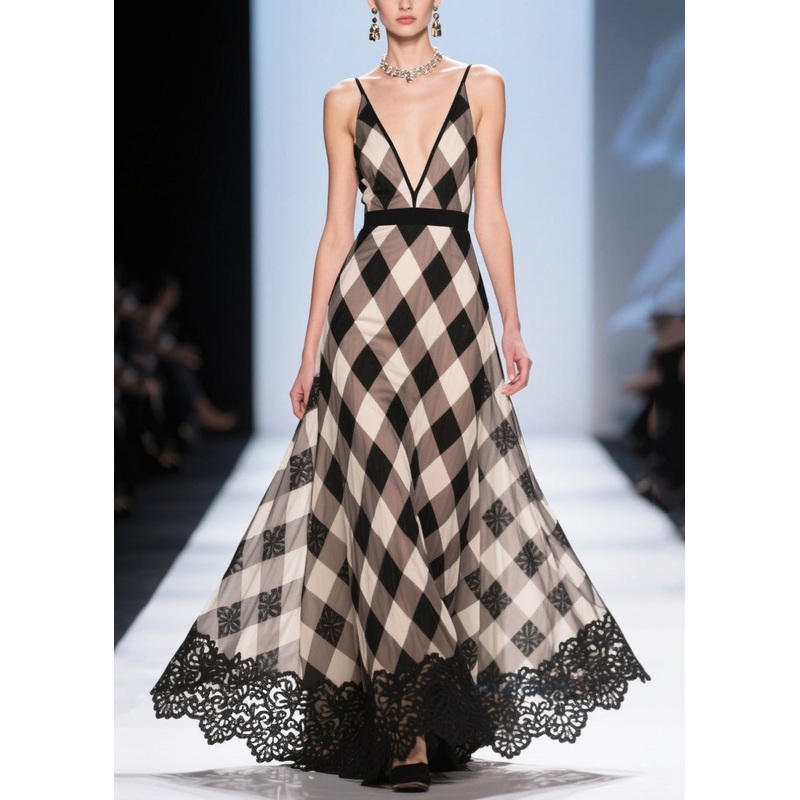 Women Colorblock Plaid Patchwork Lace Chiffon Evening Dress Summer