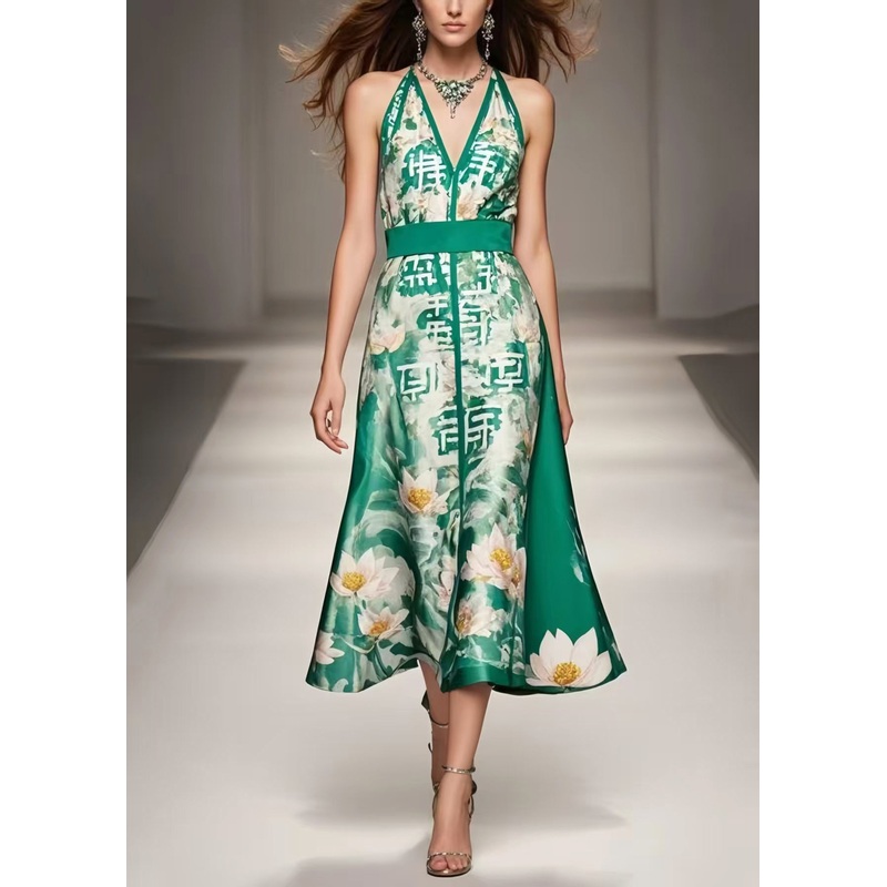Women Green Cinched Print Silk Halter Dresses Summer