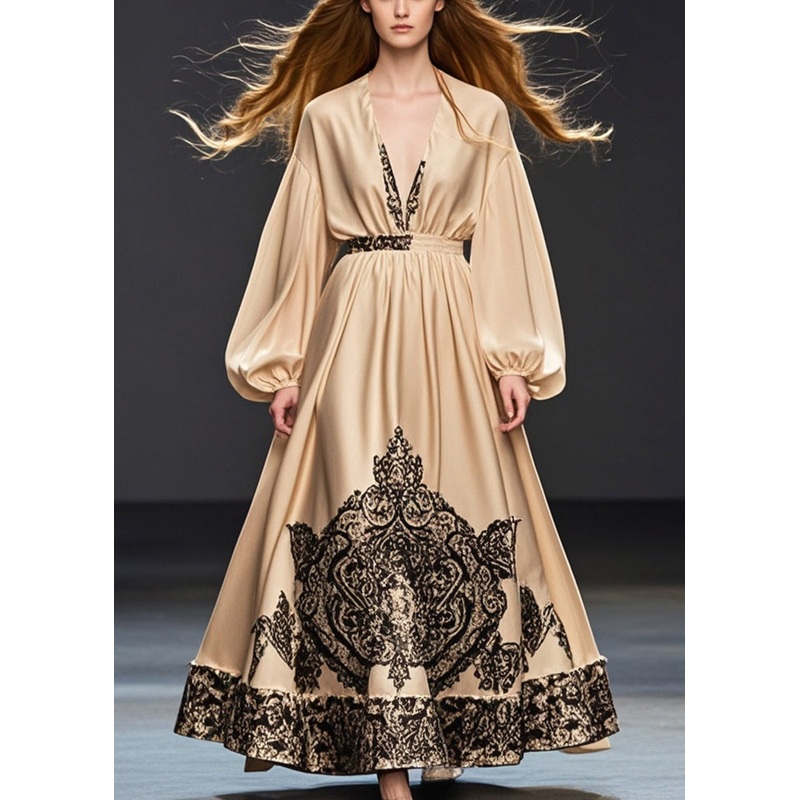 Women Khaki Deep-V Neck Print Silk Party Dress Spring