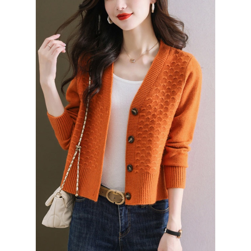 Women Orange V Neck Button Wool Knit Cardigan Winter